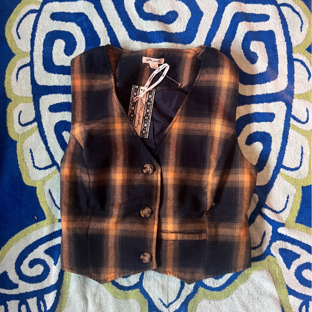 Women’s Ultra Pink Plaid Vest- Navy Blue and Yellow